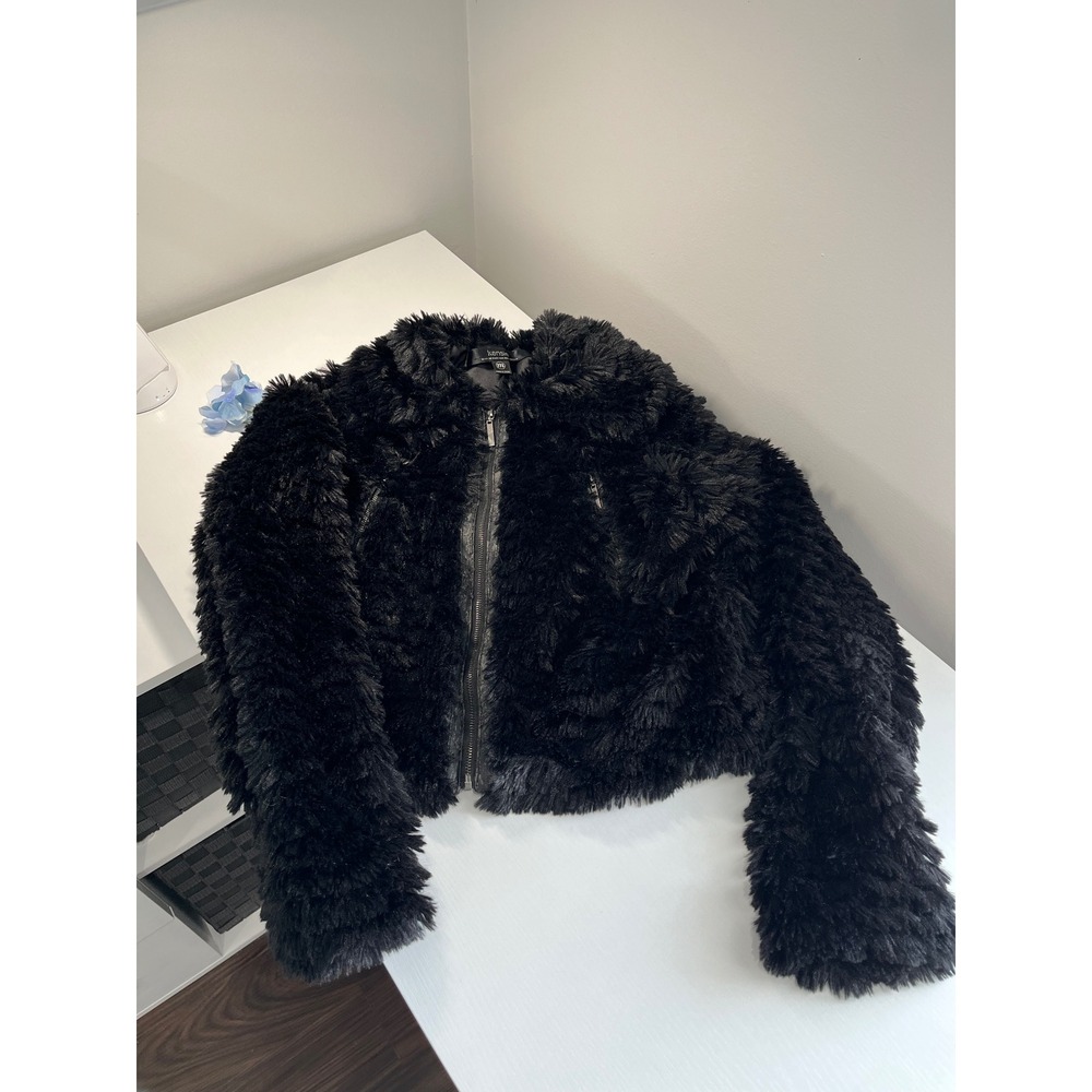 Kensie Black Faux Fur Jacket Hooded Zip‎ Up Cropped Style size M